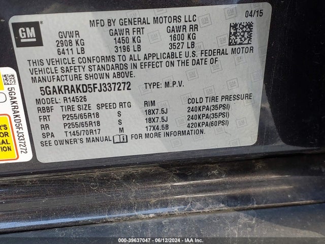 5GAKRAKD5FJ337272 Buick Enclave Convenience