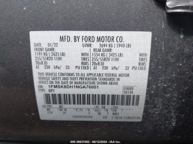 Ford EXPLORER XLT 2022 1FMSK8DH1NGA76001 Image 9