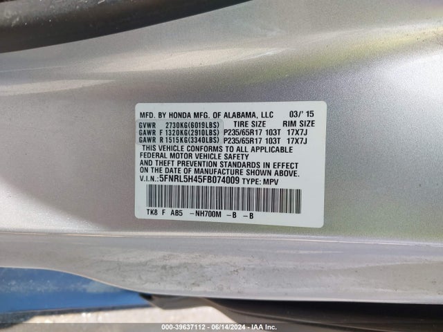 Honda ODYSSEY EX 2015 5FNRL5H45FB074009 Image 9
