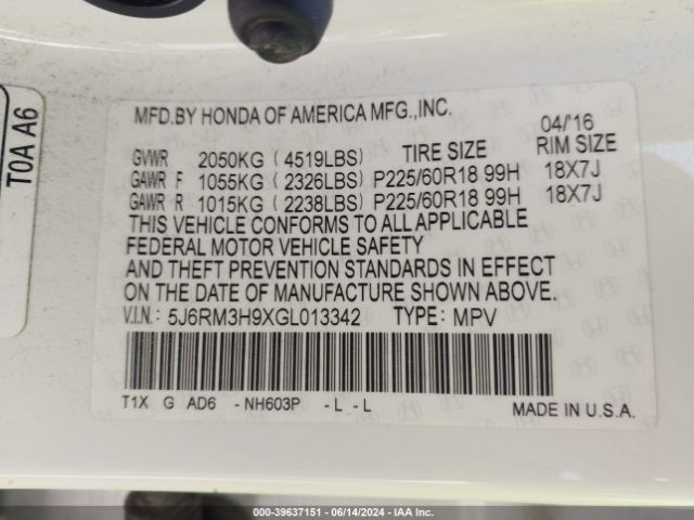 5J6RM3H9XGL013342 Honda Cr-v Touring