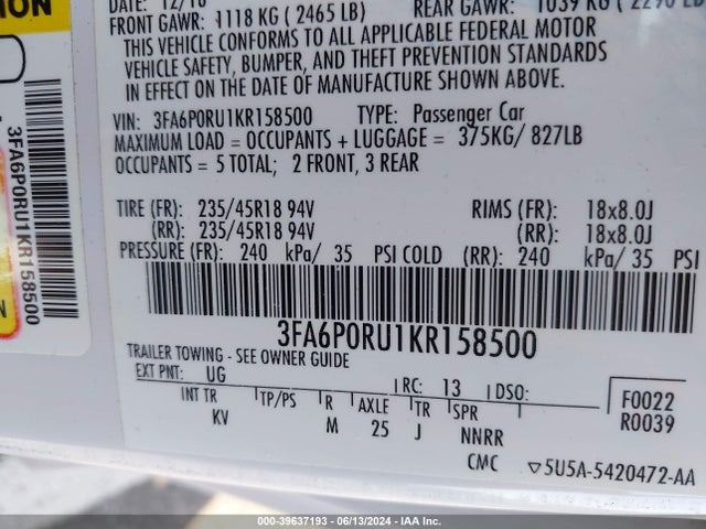 Ford Fusion Hybrid Titanium 2019 3FA6P0RU1KR158500 Image 9