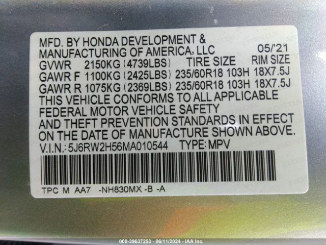 5J6RW2H56MA010544 Honda Cr-v Awd Ex