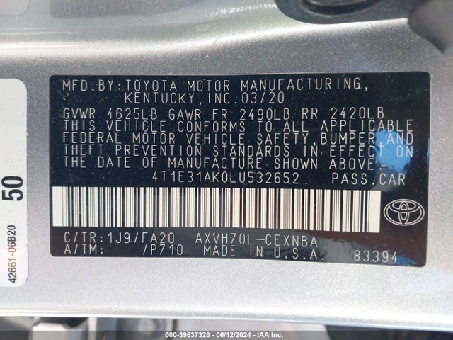 Toyota Camry Le Hybrid 2020 4T1E31AK0LU532652 Image 9