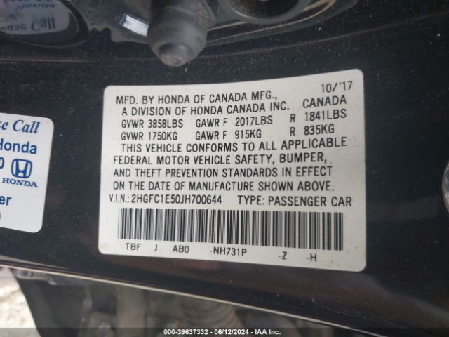 2HGFC1E50JH700644 Honda CIVIC SI