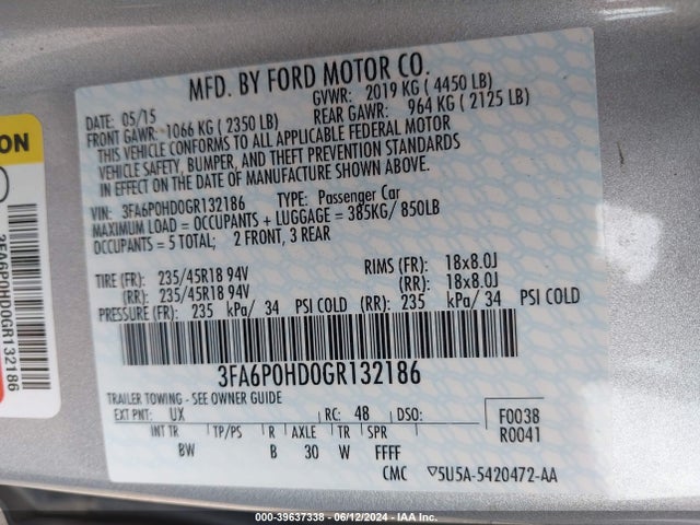 Ford FUSION SE 2016 3FA6P0HD0GR132186 Image 9