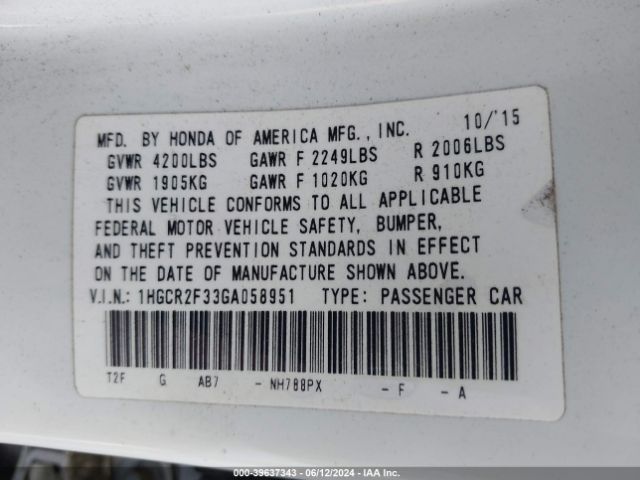 1HGCR2F33GA058951 Honda ACCORD LX
