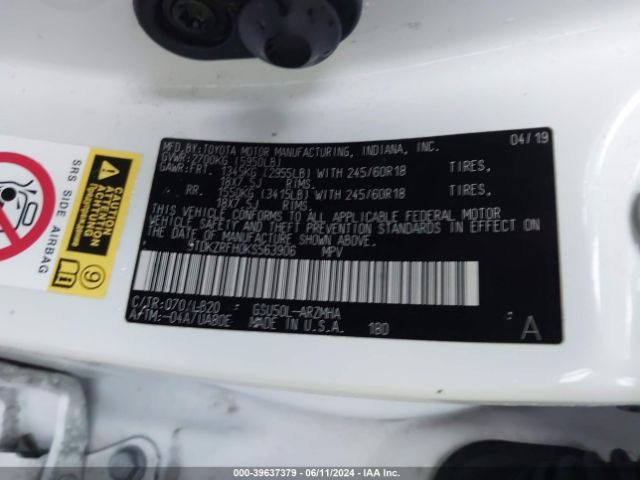 5TDKZRFH0KS563906 Toyota Highlander Xle