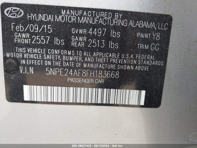 Aukcja sprzedaży 2015 Hyundai Sonata Se, vin: 5NPE24AF8FH183668, numer aukcji: 39637432