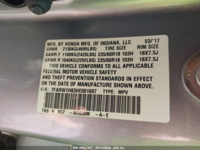 7FARW1H83HE001697 Honda Cr-v Ex-l/ex-l Navi