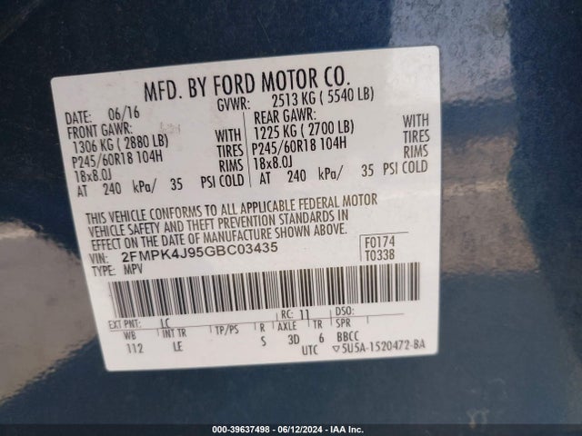 Ford EDGE SEL 2016 2FMPK4J95GBC03435 Image 9