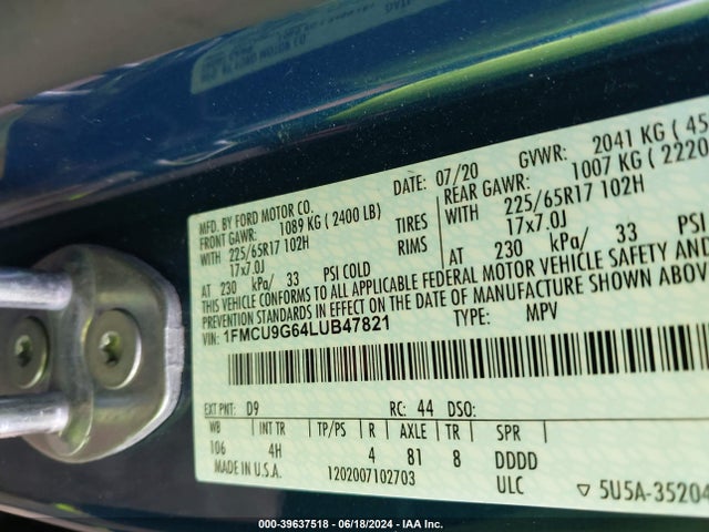 Ford ESCAPE SE 2020 1FMCU9G64LUB47821 Image 9