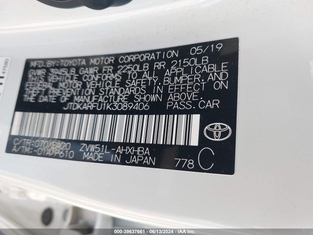 Toyota PRIUS XLE 2019 JTDKARFU1K3089406 Image 9