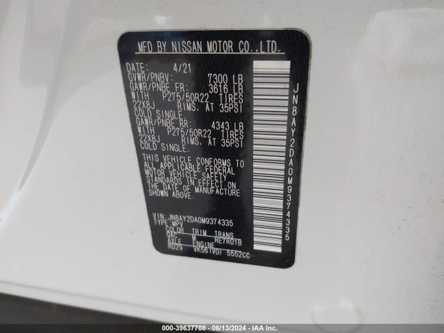 Nissan Armada Platinum 2wd 2021 JN8AY2DA0M9374335 Image 9