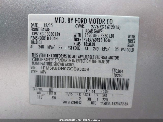 Ford EXPLORER XLT 2016 1FM5K8DH0GGB93259 Image 9