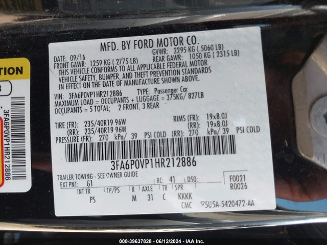 3FA6P0VP1HR212886 Ford Fusion Sport