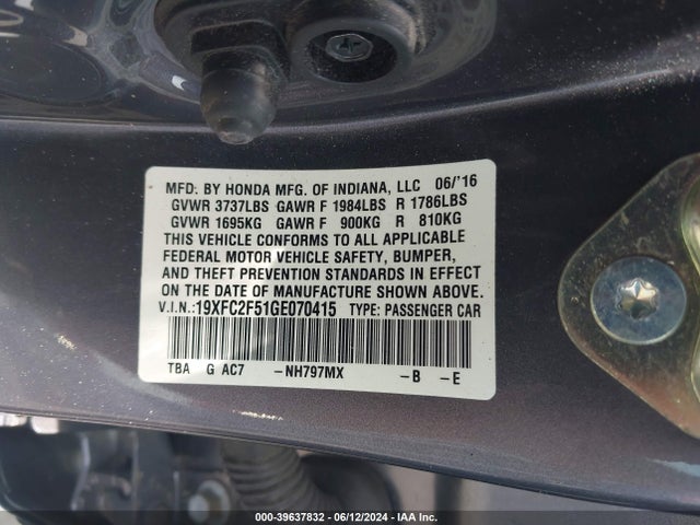 Honda Civic Lx 2016 19XFC2F51GE070415 Image 9