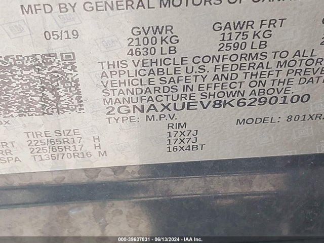 Chevrolet EQUINOX LT 2019 2GNAXUEV8K6290100 Image 9