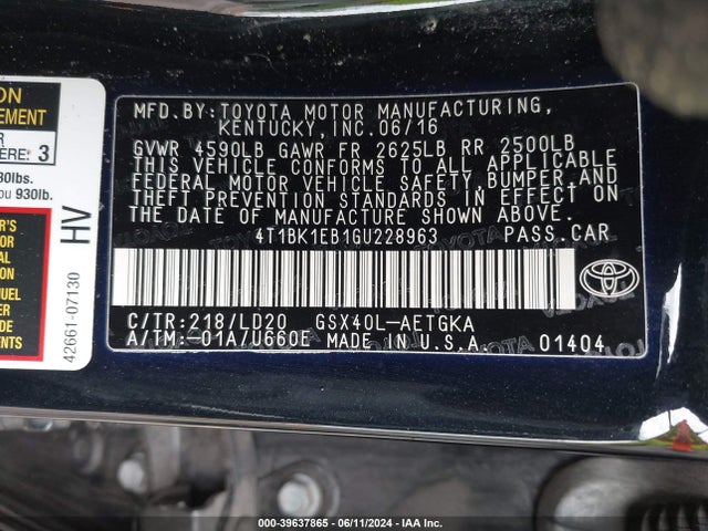 Toyota AVALON XLE 2016 4T1BK1EB1GU228963 Image 9