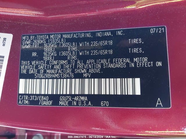 Toyota Highlander Xle 2021 5TDGZRBH4MS138476 Image 9