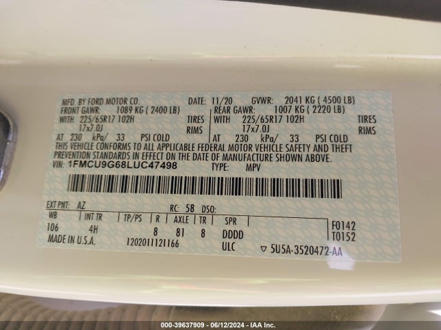 Ford ESCAPE SE 2020 1FMCU9G68LUC47498 Image 9