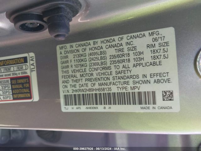 2HKRW2H89HH658135 Honda Cr-v Ex-l/ex-l Navi