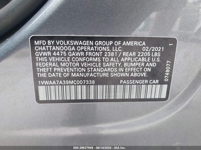1VWAA7A39MC007338 Volkswagen Passat 2.0t S