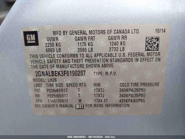 Chevrolet EQUINOX 1LT 2015 2GNALBEK3F6190207 Image 9