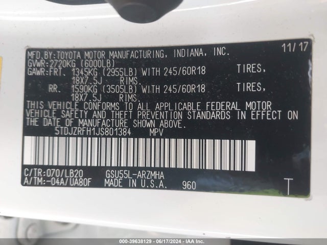Toyota Highlander Xle 2018 5TDJZRFH1JS801384 Image 9