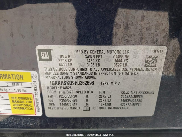 1GKKRSKD9HJ262698 GMC Acadia Limited