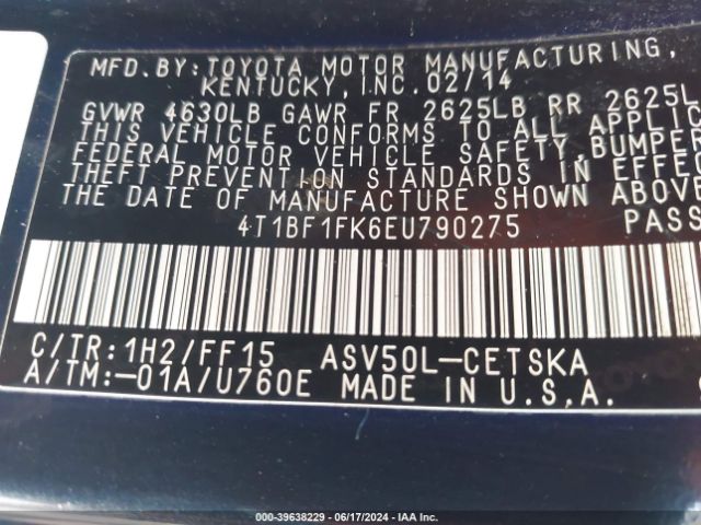 4T1BF1FK6EU790275 Toyota CAMRY SE