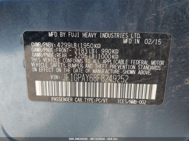 JF1GPAY68F8249252 Subaru Impreza 2.0i Sport Premium