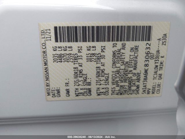 5N1AT3BA6MC830632 Nissan Rogue Sv Fwd