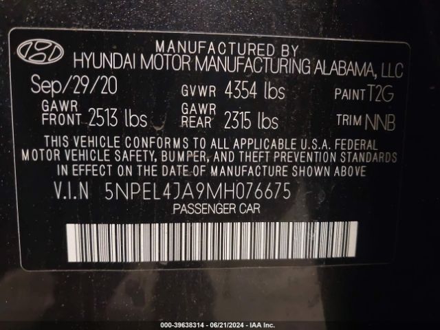 5NPEL4JA9MH076675 Hyundai SONATA SEL
