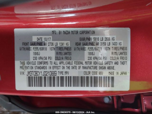 JM3TCBCY1J0210889 Mazda Cx-9 Touring