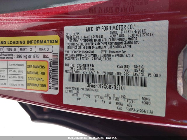Ford FUSION SE 2016 3FA6P0T9XGR205101 Image 9