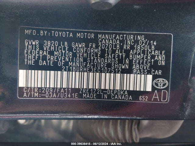 Toyota COROLLA L 2014 2T1BURHE3EC107512 Image 9