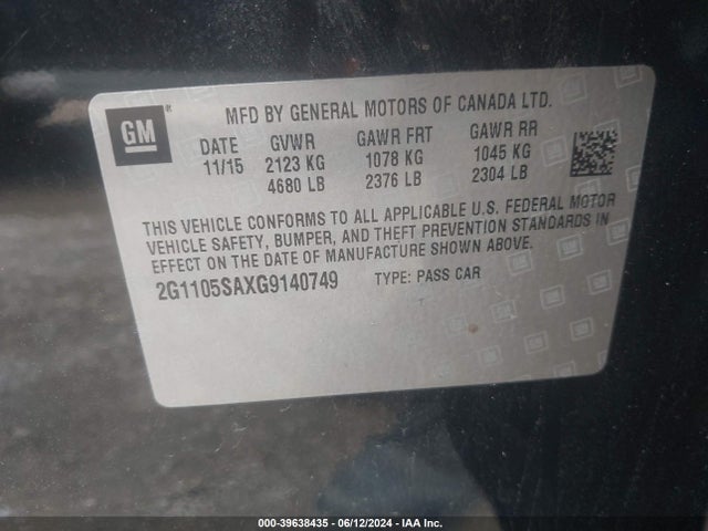 Chevrolet IMPALA 1LT 2016 2G1105SAXG9140749 Image 9