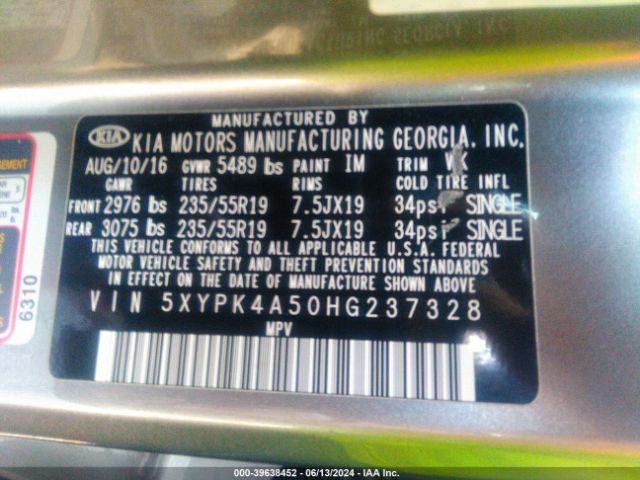 5XYPK4A50HG237328 KIA Sorento 3.3l Sx