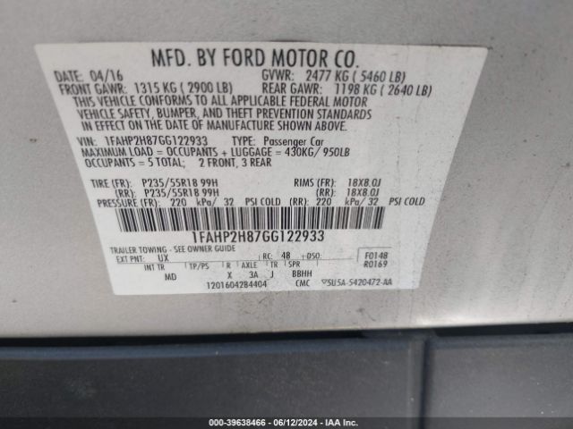 1FAHP2H87GG122933 Ford TAURUS SEL