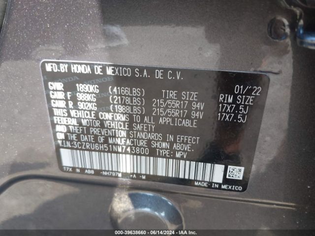 3CZRU6H51NM743800 Honda Hr-v Awd Ex