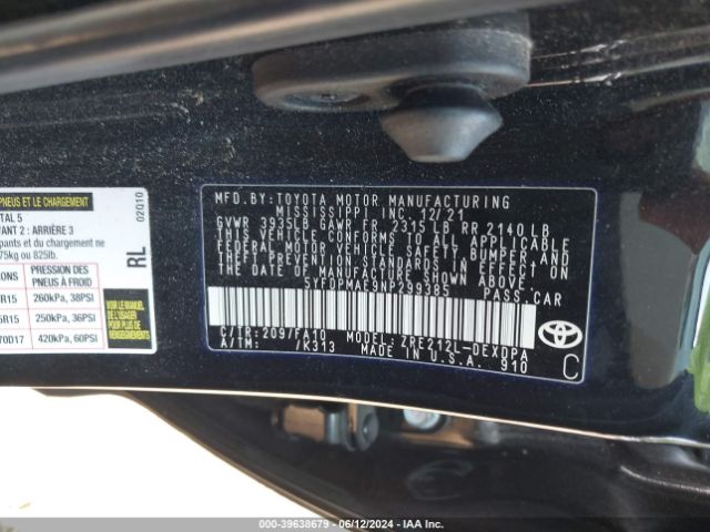 5YFDPMAE9NP299385 Toyota COROLLA L
