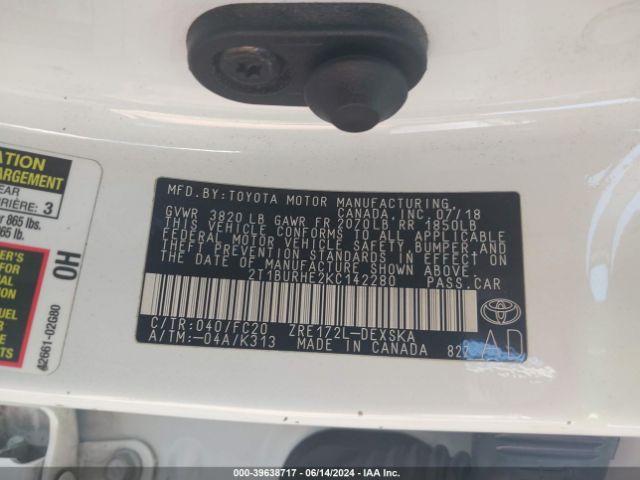 2T1BURHE2KC142280 Toyota COROLLA SE