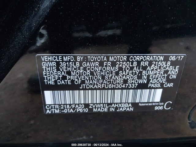 Toyota Prius Two Eco 2017 JTDKARFU6H3047337 Image 9