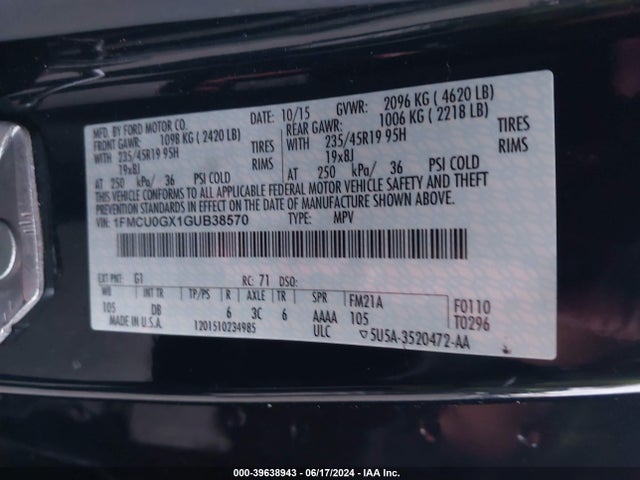 Ford ESCAPE SE 2016 1FMCU0GX1GUB38570 Image 9