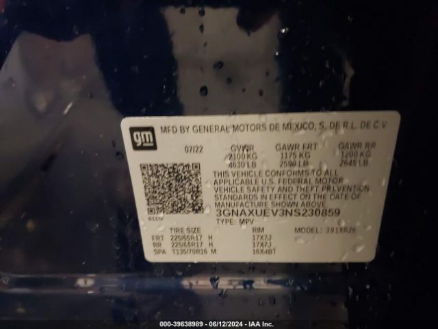 3GNAXUEV3NS230859 Chevrolet Equinox Awd Lt