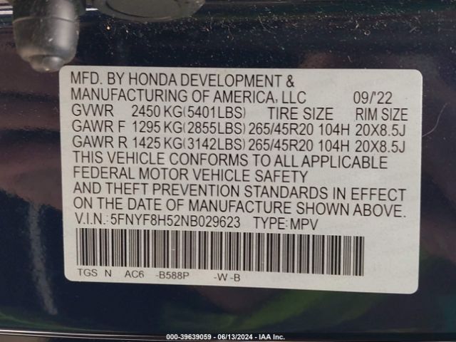 5FNYF8H52NB029623 Honda Passport Awd Ex-l