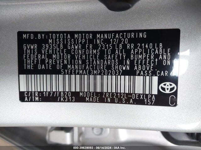 Toyota COROLLA LE 2021 5YFEPMAE3MP202037 Image 9