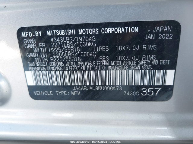 JA4ARUAU9NU006473 Mitsubishi Outlander Sport 2.0 Be Awc/2.0 Es Awc/2.0 Le Awc/2.0 Se Awc/2.0 Se Special Edition Awc