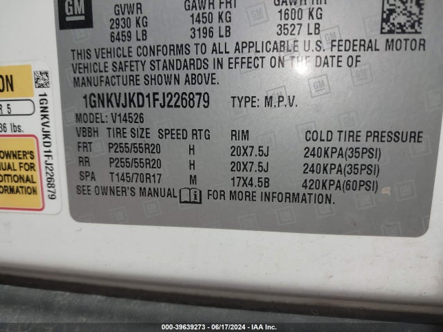 Chevrolet Traverse Ltz 2015 1GNKVJKD1FJ226879 Image 9