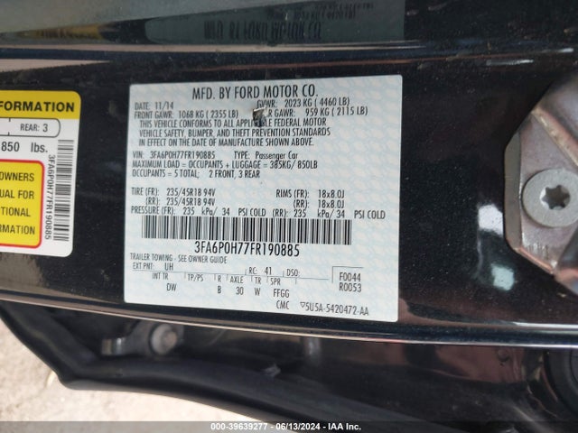 Ford FUSION SE 2015 3FA6P0H77FR190885 Image 9